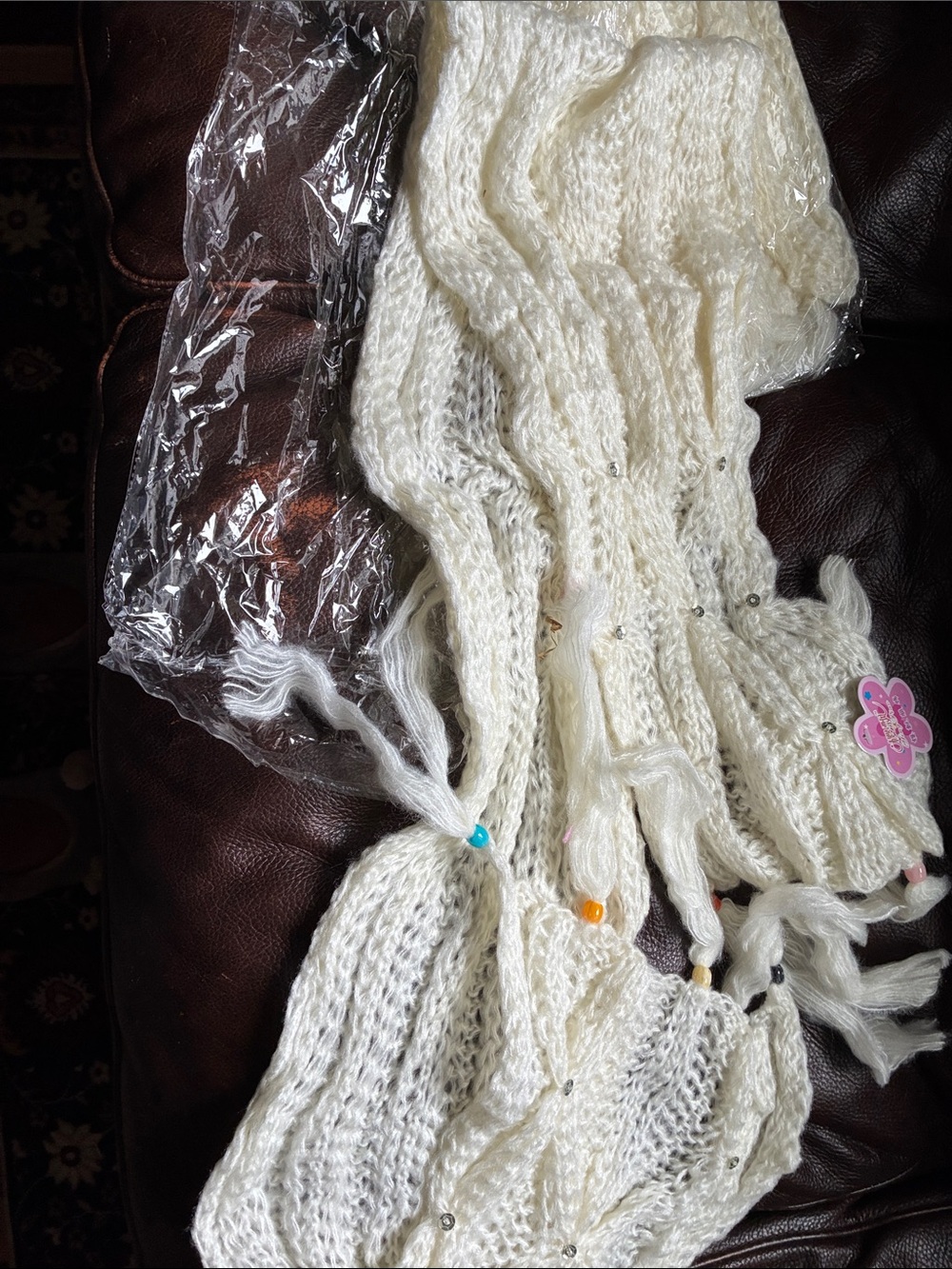 Cream Knit Scarf with Bead and Tassel Detail